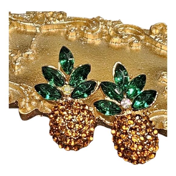Women's Earrings Pineapple Earrings For Pierced Rhinestone Stud Green & Yellow - Picture 1 of 8